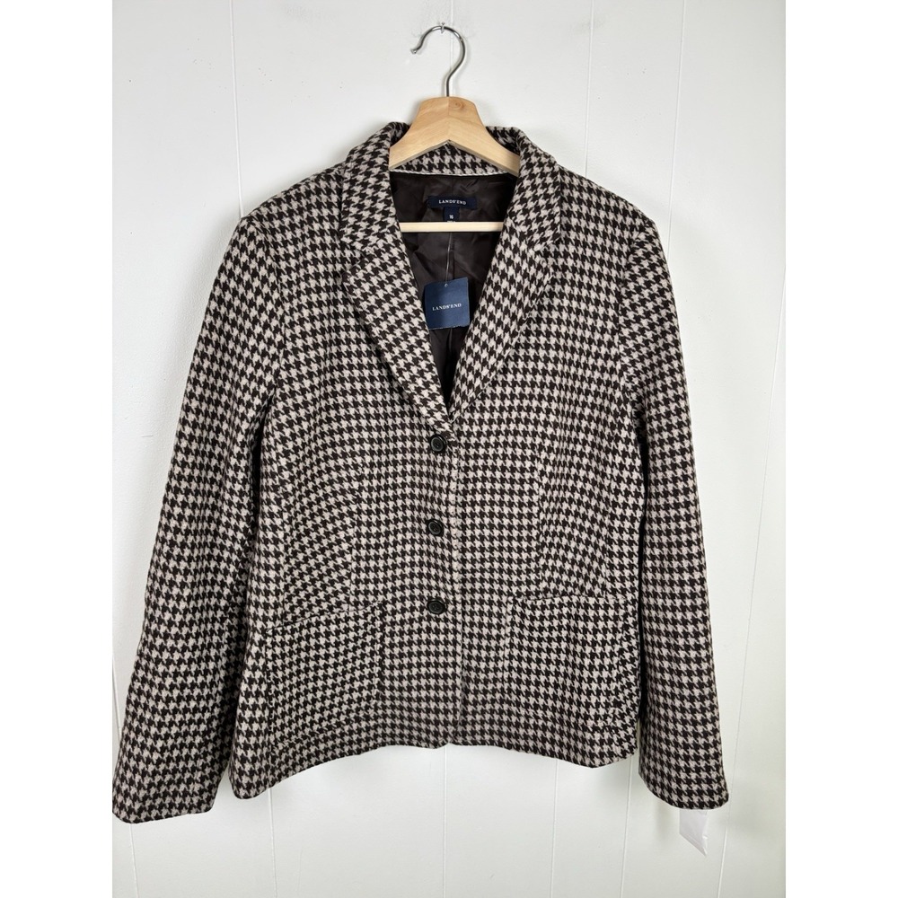 Lands' End Women's Size 16 100% Wool Brown Houndstooth Blazer Jacket Lined - NEW